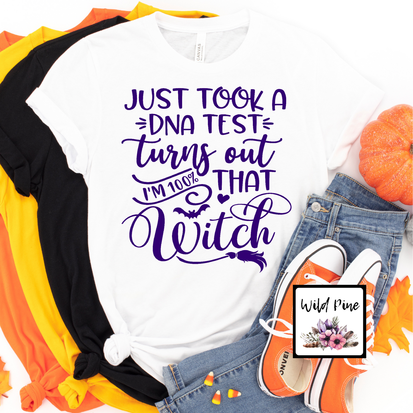 White tshirt with funny hallowwen design. Orange shoes pumpkin and jeans also in the photo